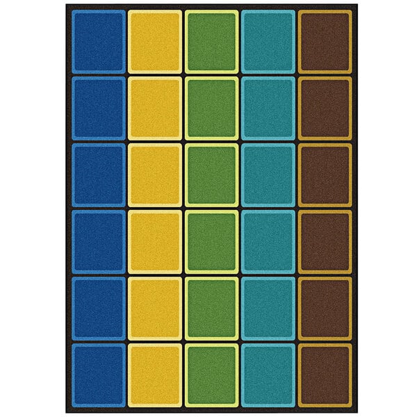 A colorful rectangular rug with colorful squares and a black border.