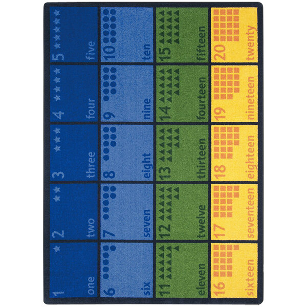 A Joy Carpets rectangle area rug with numbers and colors.