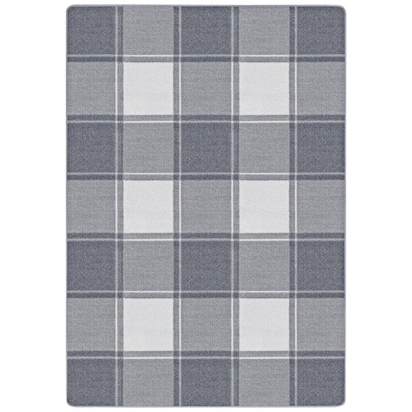 A Joy Carpets Impressions Highlander area rug with a gray and white plaid checkered pattern and white border.