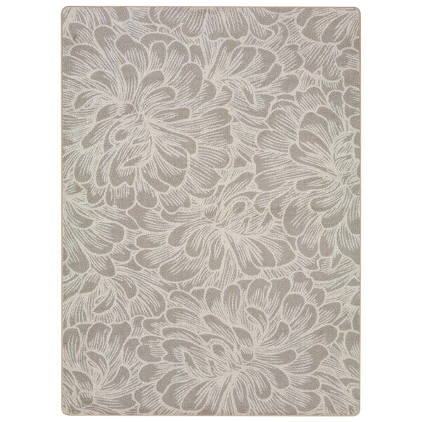 A white and grey floral patterned rectangular area rug with beige flowers.