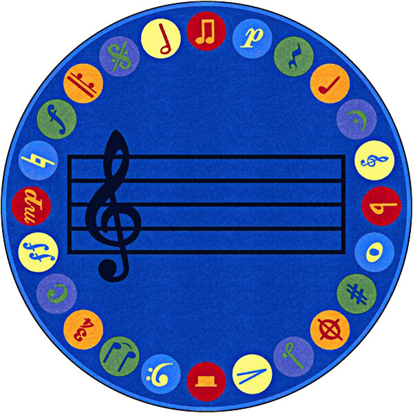 A multicolored round area rug with blue, yellow, and red circles, black lines, and music notes and symbols.