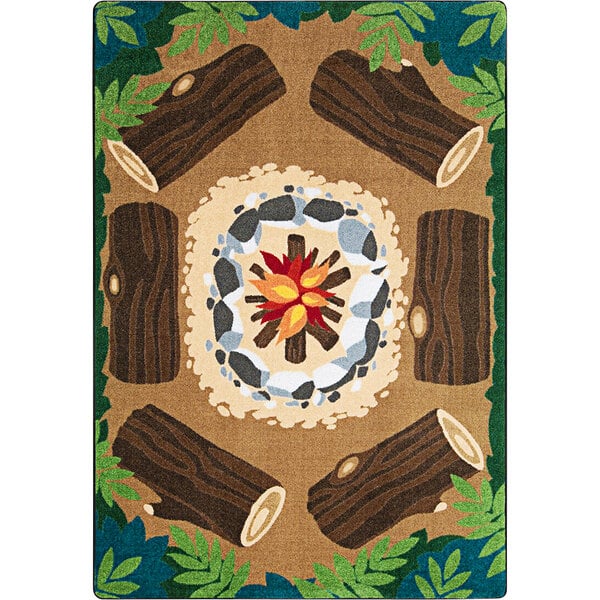 A Joy Carpets area rug with a pattern of logs and fire.