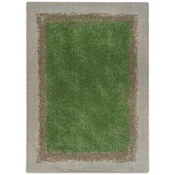 A white rectangular area rug with a green border and green and brown stripes.