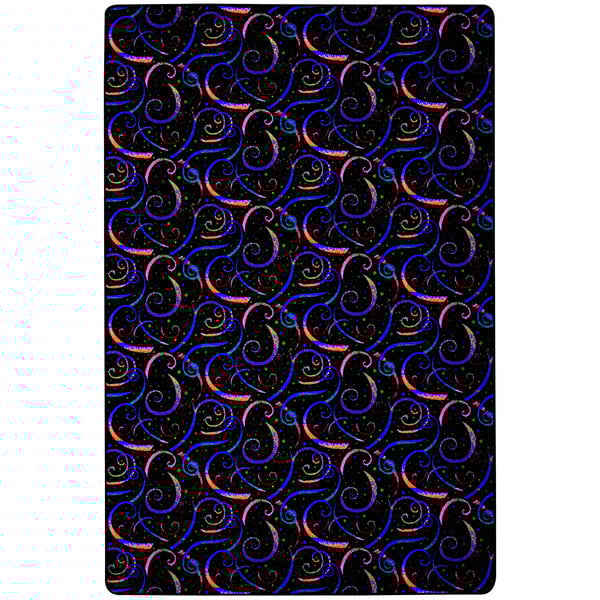 A white rectangular area rug with neon colored swirls and lines.
