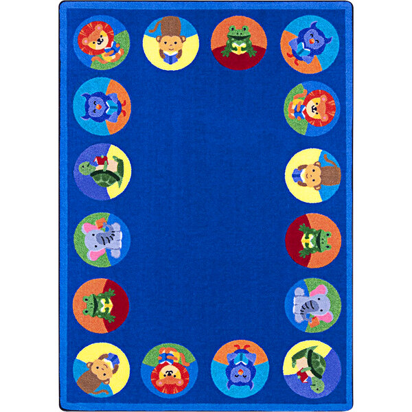 A multi-colored rectangle area rug with blue circles and animals on it.