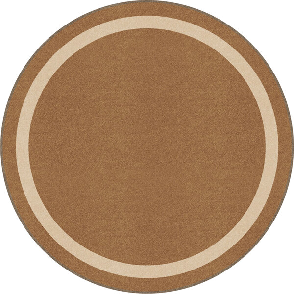 A round brown area rug with a white border.