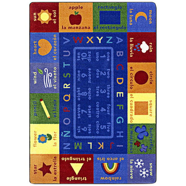 A colorful rectangle area rug with white text of letters and numbers on a white background.