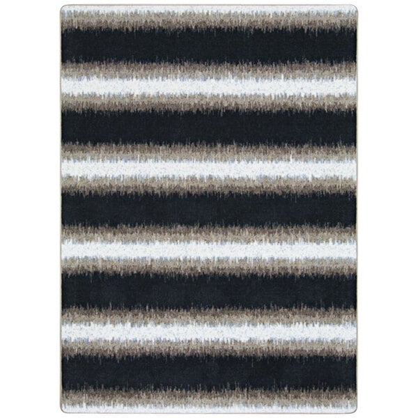 A close-up of a black and white striped rug with a brown stripe and white lines on a black background.