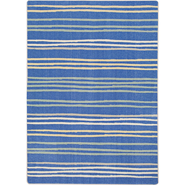 A pastel rectangle area rug with blue and yellow stripes.