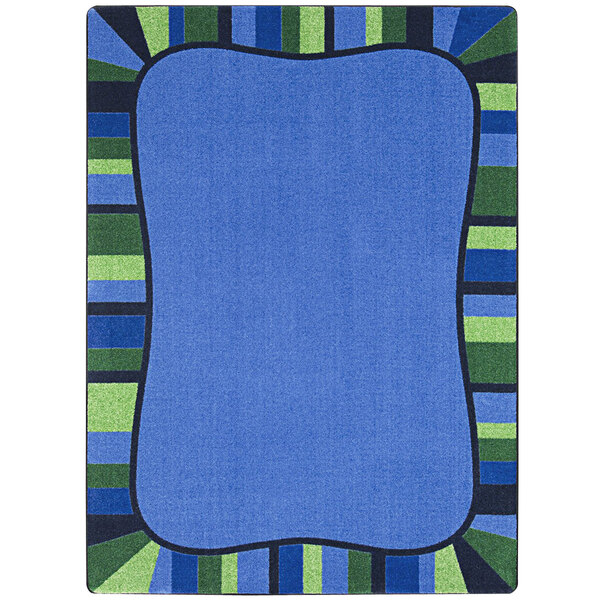 A white rectangular area rug with blue and green stripes.