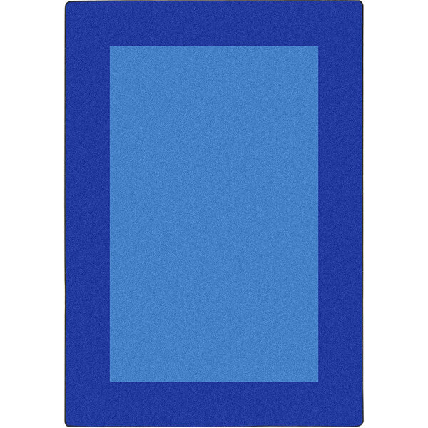 A blue rectangular rug with a white border.