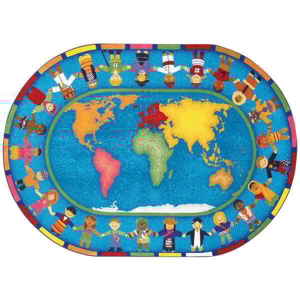 A multi-colored oval area rug with a cartoon world map with people on it.
