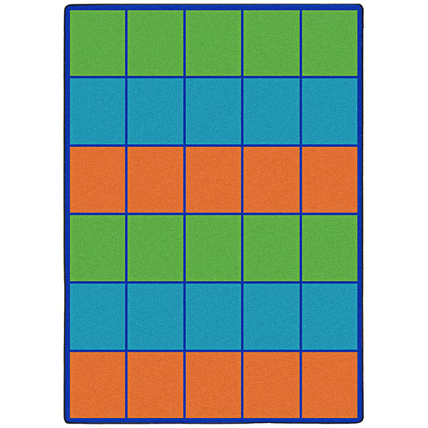 A multicolored rectangular area rug with a square pattern in blue, green, and orange.