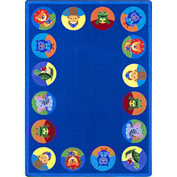 A blue rectangle area rug with animals in circles.