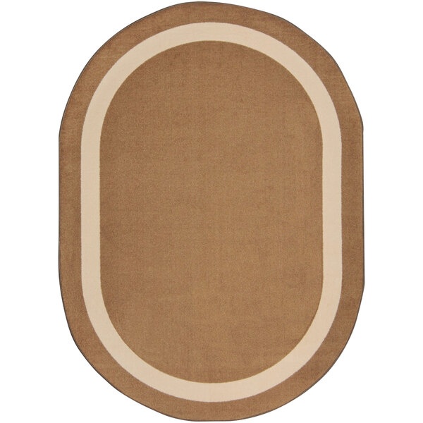 A mocha oval Joy Carpets area rug with a white border.