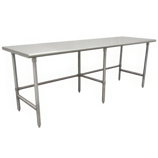 An Advance Tabco stainless steel work table with an open base and metal legs.