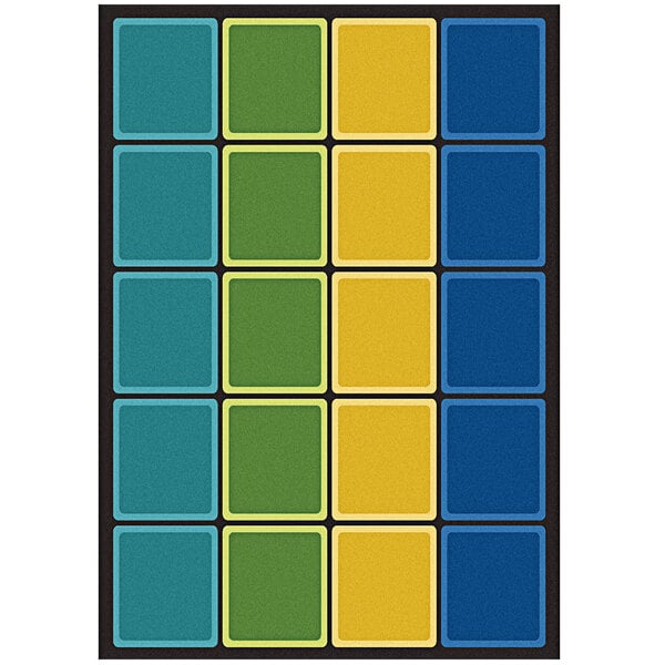 A colorful rectangular area rug with squares in different colors and a black border.