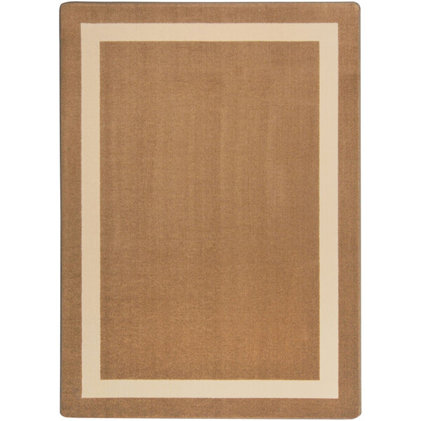 A brown rectangular area rug with a white border.