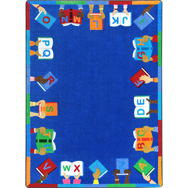A multi-colored rectangle area rug with many hands holding books.