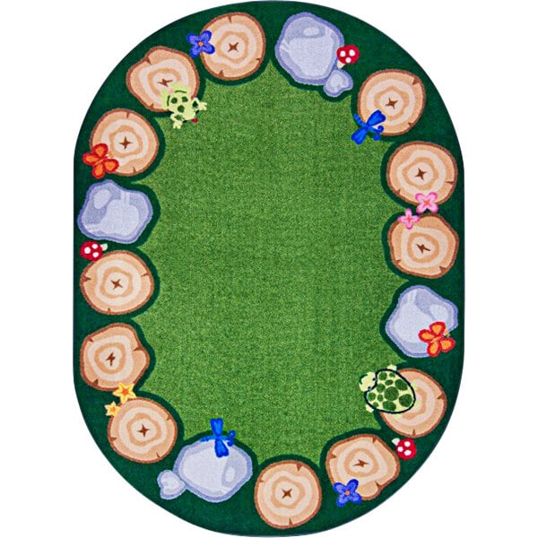 A multicolored oval rug with a green border and a tree and flower design.