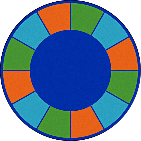 A close up of a Joy Carpets multicolored circular rug with blue and green squares and orange lines.