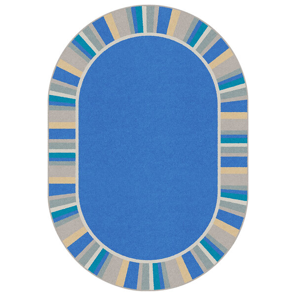 A light blue oval rug with a white border.