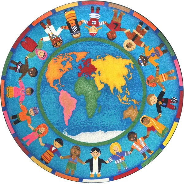 A round multi-colored area rug with cartoon children from around the world holding hands.