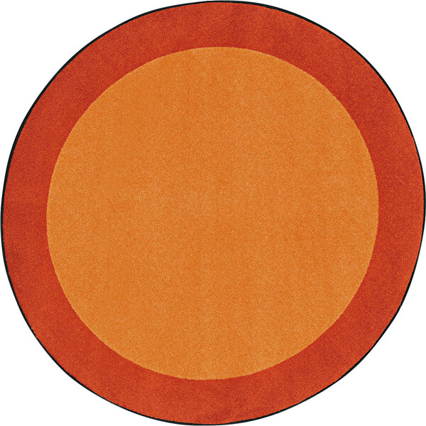 A round orange rug with a black border.
