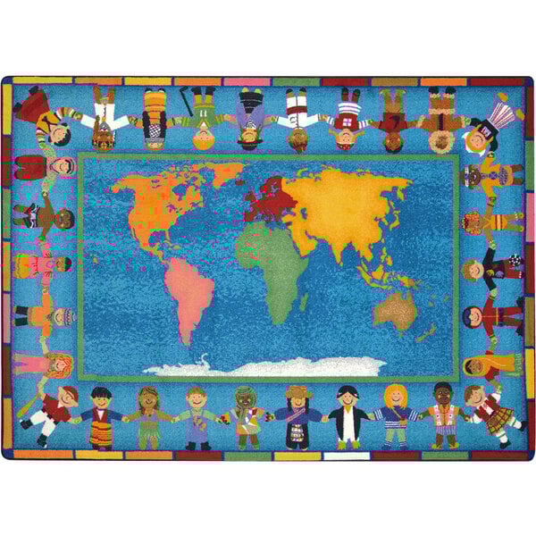 A Joy Carpets area rug with cartoon characters holding hands around the world.