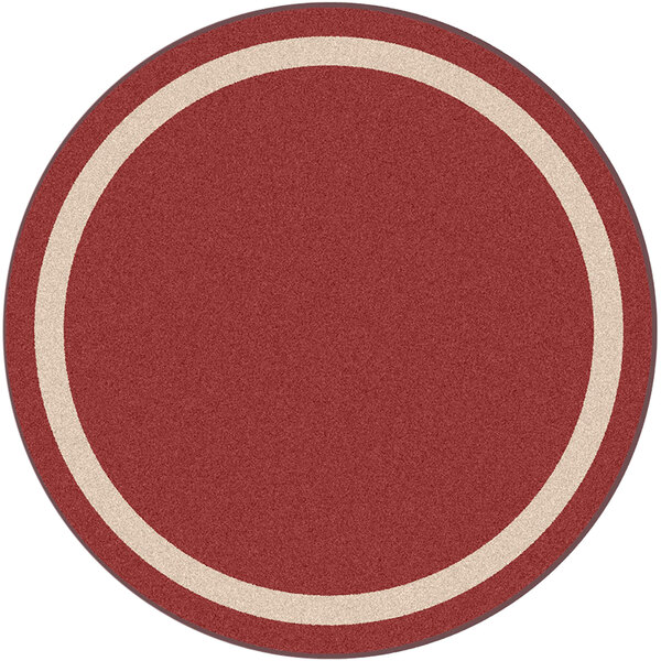 A round red area rug with a white border.