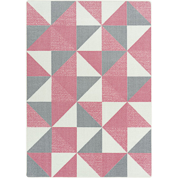 A Joy Carpets Claremont Kids Cartwheel blush area rug with pink and grey triangles.