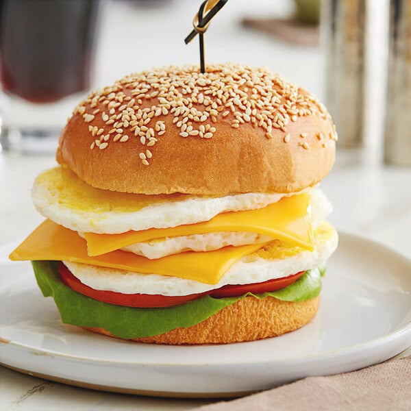 A burger on a plate with a Papetti's Homestyle Fried Egg Patty on it.