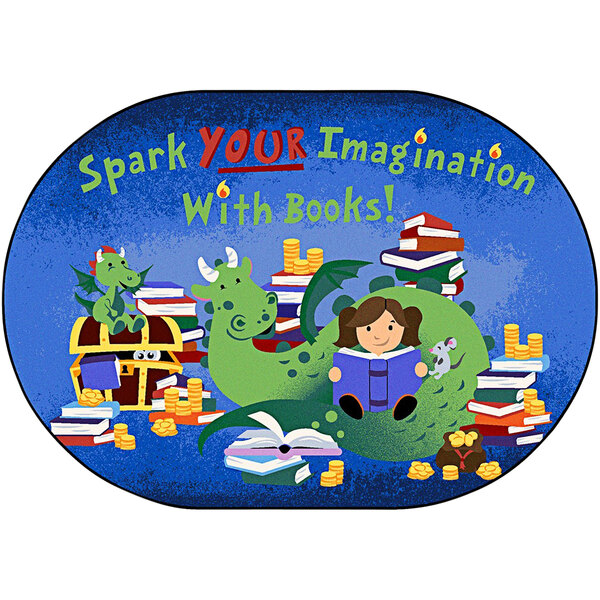 A girl and a dragon reading books on a multicolored oval area rug.