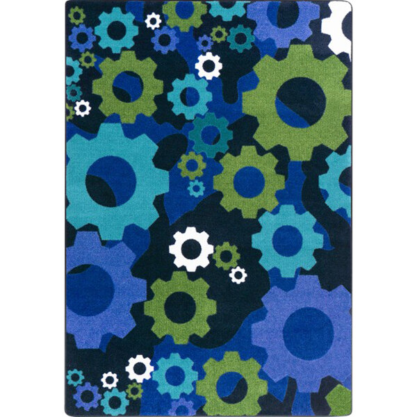 A violet rectangular area rug with a pattern of blue and green gears.