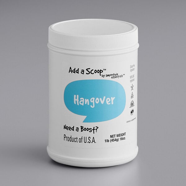 A white container of Add A Scoop Hangover Blend supplement powder with a blue label.