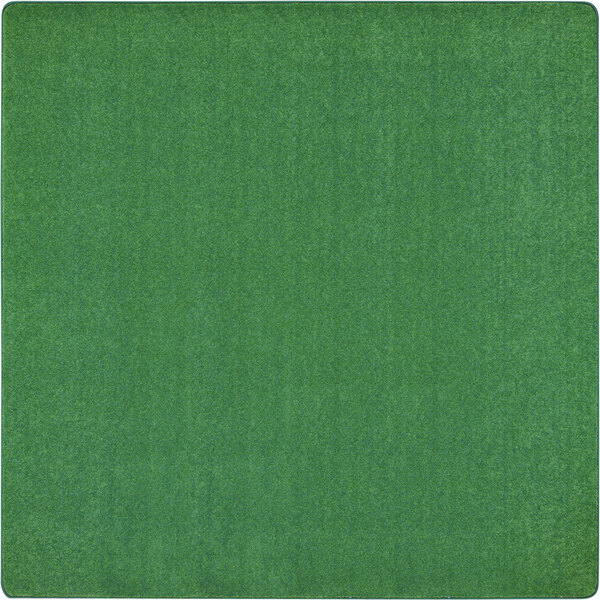 A grass green square area rug with a white border.