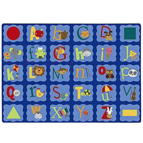 A white rectangular area rug with blue letters and animals on it.