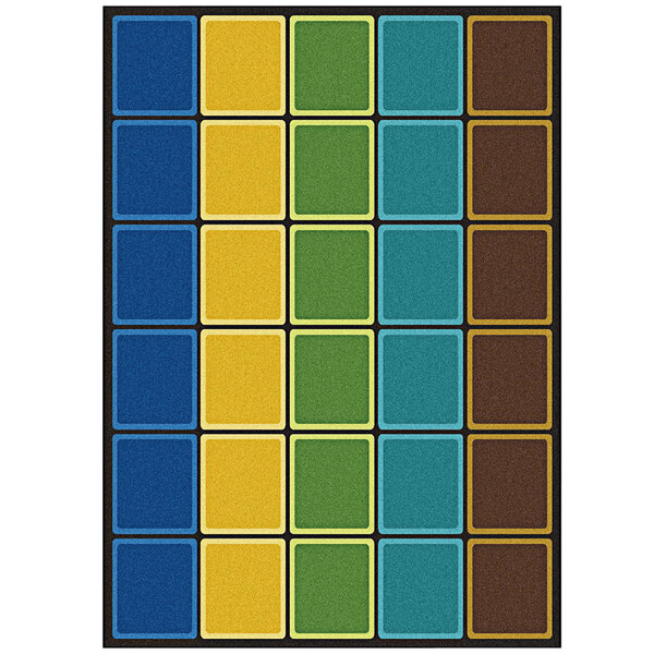 A colorful rectangular rug with colorful squares and a black border.