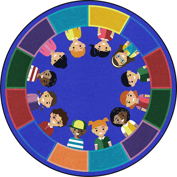 A multi-colored round area rug with a cartoon of a boy, a girl, and a group of children in a circle.