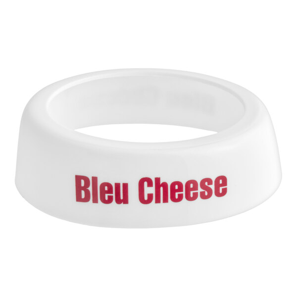 TableCraft CM1 Imprinted White Plastic "Bleu Cheese" Salad Dressing Dispenser Collar with Maroon Lettering