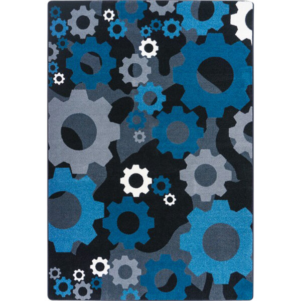 A blue rectangular area rug with black and white gears on it.