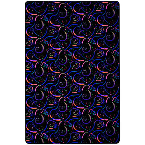 A white rectangular area rug with black and colorful swirls and lines.