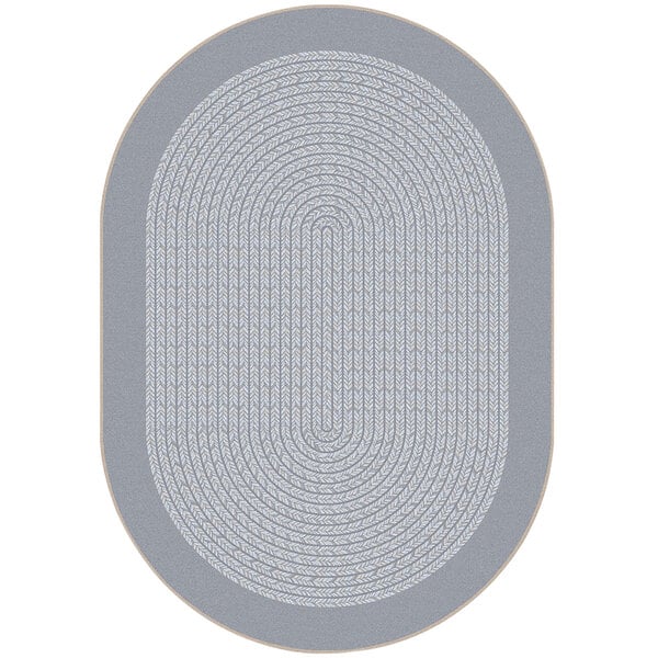 An oval area rug with a gray braided border on a white background.