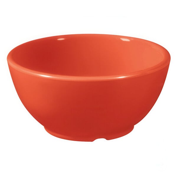 A close up of a Rio orange melamine bowl.