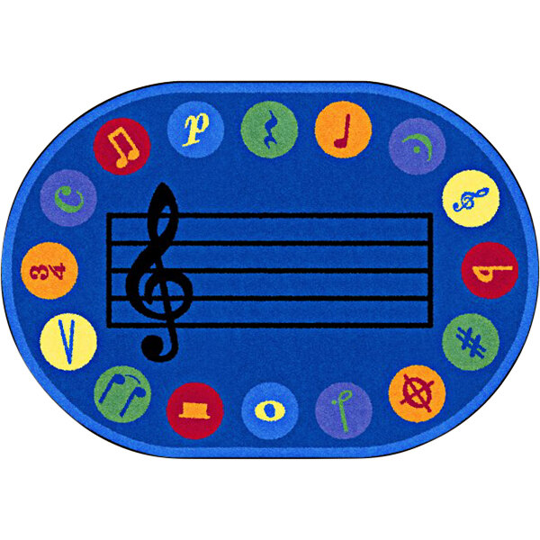 A multicolored oval area rug with a blue background featuring music notes and colorful circles, with a yellow music note in a red circle.