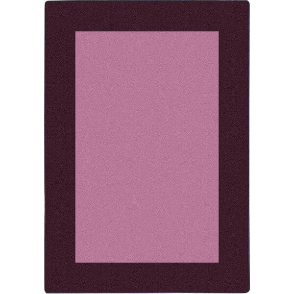 A white rectangular area rug with a purple border 