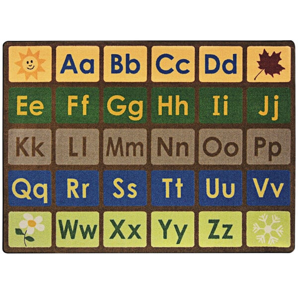 An Earthtone rectangle area rug with a colorful alphabet and various letters on it.