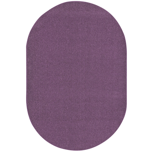 A purple oval rug with a white border.