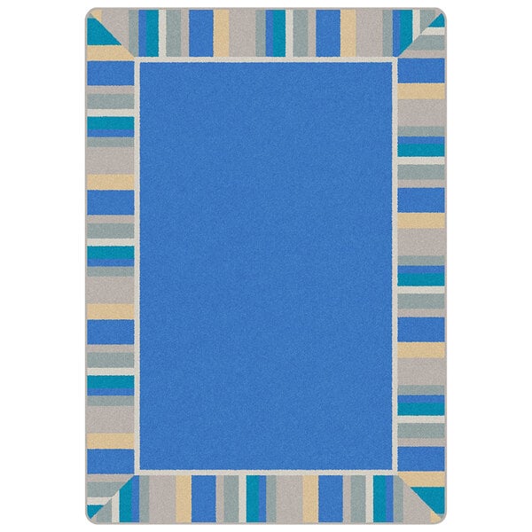 A light blue rectangular area rug with a blue border and white stripes.