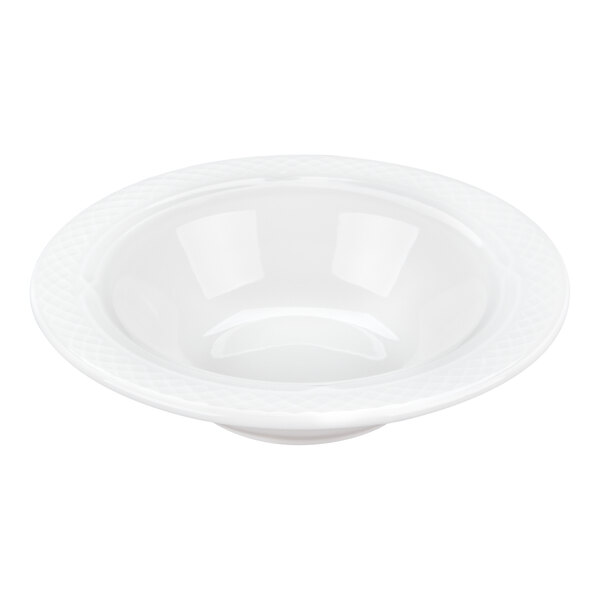 A white, round bowl with a wide rim and a subtle textured pattern along the edge.
